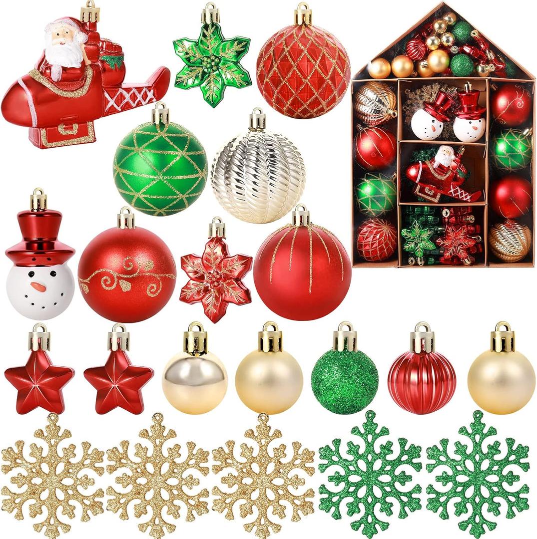 70 Pcs Christmas Ball Ornaments Assorted Shatterproof Hanging Decor for Christmas Tree Decorative Vintage Traditional Ornaments Bulk Holiday Party Decorations (Red,Green,Santa Claus)