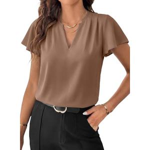 EVALESS Womens Tops Dressy Casual Summer Ruffle Short Sleeve Pleated V Neck Work Business Blouses Trendy 2026 Dark Khaki 2XL