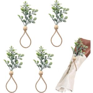 mdgfge Rustic Eucalyptus Wooden Easter Boho Leaf Wood Bead Farmhouse Napkin Rings Set of 4, Spring Napkin Ring Holders for Thanksgiving Weddings Christmas Dining Party Table Decor Supplies