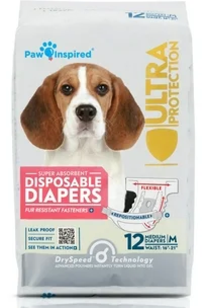 Paw Inspired 12ct Disposable Dog Diapers | Female Dog Diapers Ultra Protection | Diapers for Dogs in Heat, Excitable Urination, or Incontinence (Medium)
