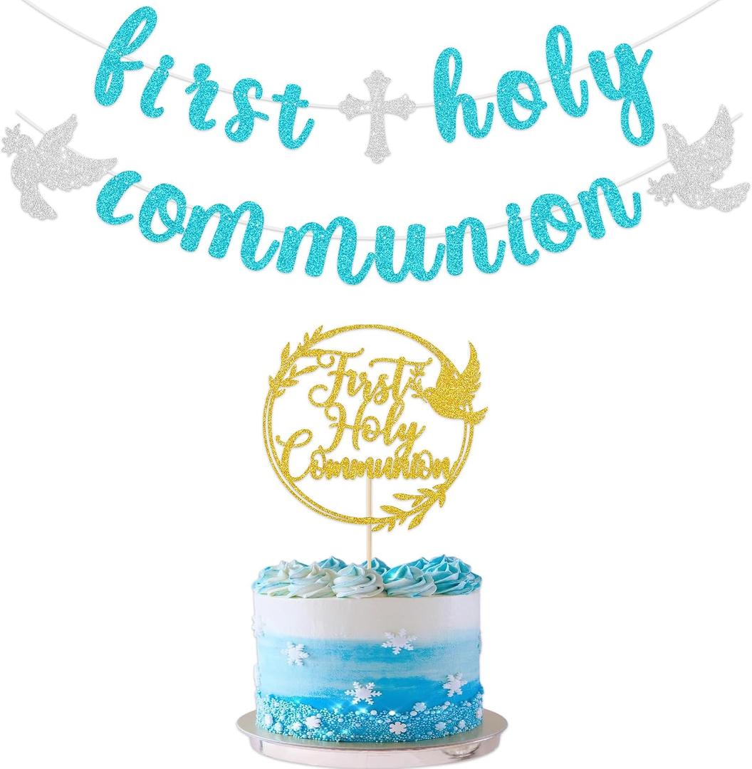 2 x First Communion Decorations, First Holy Communion Banner and First Communion Cake Topper, Baptism Decorations for Boys Girls (blue gold)