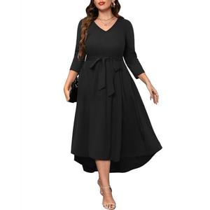 Pinup Fashion Women's Plus Size Fall Wedding Guest Dress Black Cocktail Party 3/4 Sleeve High Low Long Flowy Dresses with Pockets, Black, Size 2XL