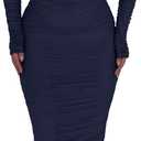 PRETTYGARDEN Women's Fall Off The Shoulder Maxi Dress Spring Long Sleeve Ruched Fitted Bodycon Club Dresses with Slit (Medium, Navy)