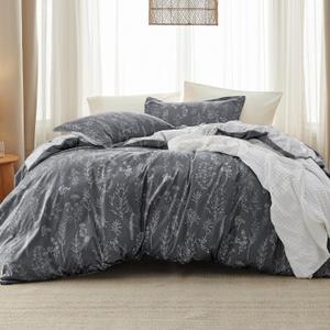 Bedsure Queen Comforter Set - Gray Bed Set, 3 Pieces Cute Floral Bedding, 1 Soft Reversible Botanical Flowers Comforter and 2 Pillow Shams