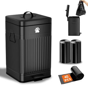 Dog Poop Trash Can Outside, 12L/3.1Gal Metal Dog Waste Trash Can with Lid, Foot Pedal, Waste Container with 40 Bags, Pet Poop Bucket with Lid Soft Close for Pet, Rectangular Black