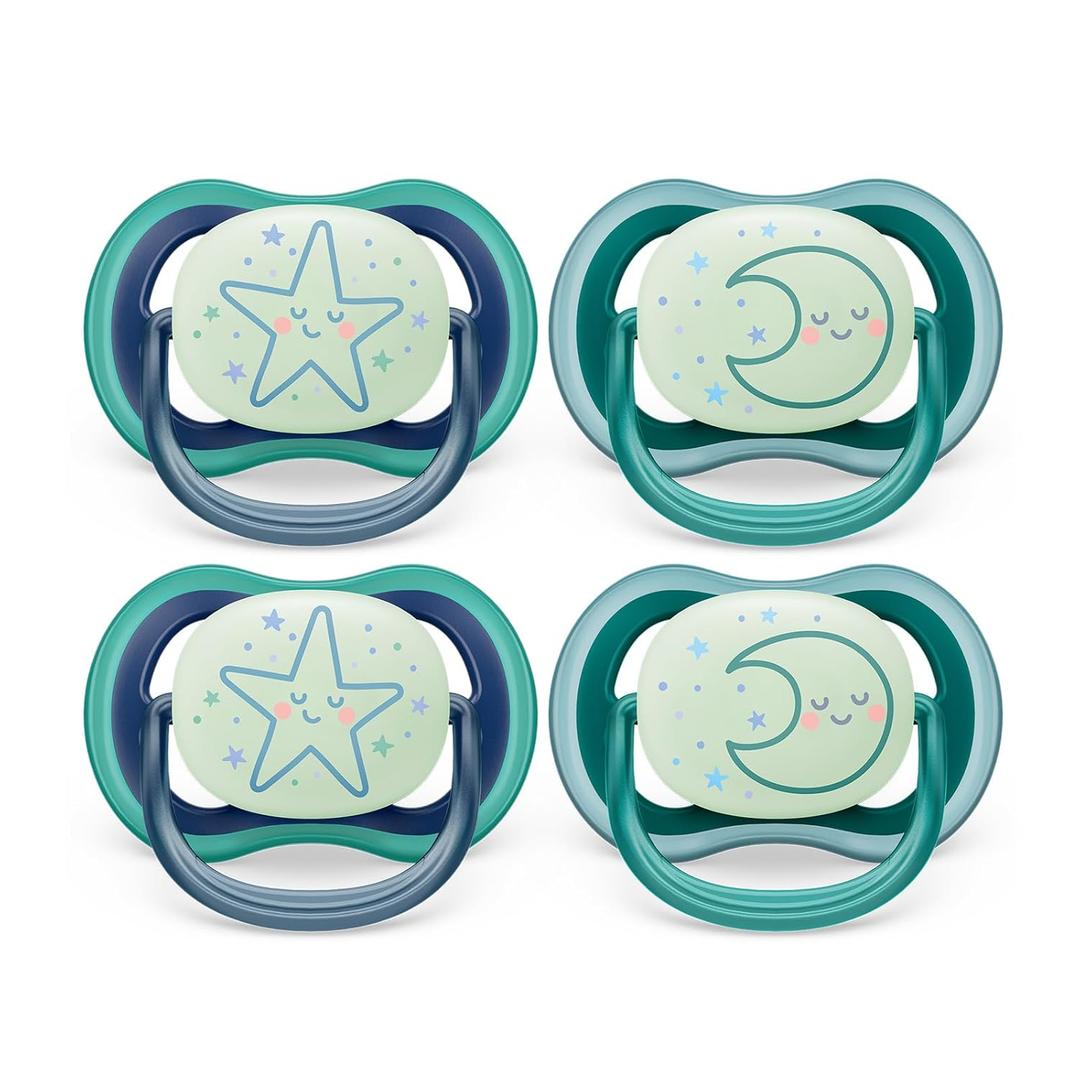 Philips Avent Ultra Air Pacifier - 4 x Light, Breathable Glow-in-The-Dark Baby Pacifiers for Babies Aged 6-18 Months, BPA Free with Sterilizer Carry Case, SCF376/08 (Sleeping Star / Sleeping Moon)