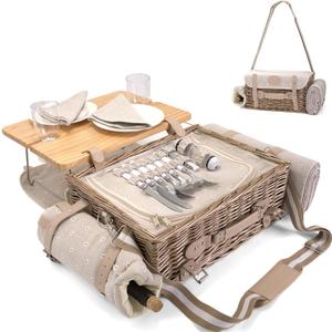 Multifunctional Wicker Picnic Basket Set for 2 with Blanket and Picnic Table, Insulated Picnic Set with Full Tablewares for Camping Outdoor Couples, Flowers