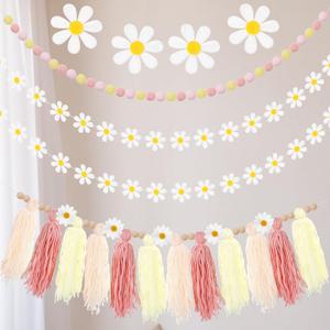Rtteri 4 Pack Daisy Boho Party Decorations Daisy Classroom Garland Groovy Hippie Flower Tassel Colorful Pom Pom Banner for School Birthday Baby Shower Wedding Retro Party Supplies(Pink Series Color)