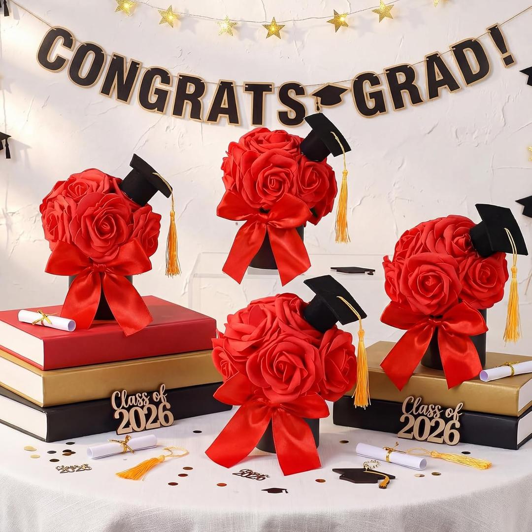 Suncalla 4 Pack Red Graduation Flower Box Table Centerpiece Class of 2026 Graduation Cap Preserved Flowers in a Box for Congrats Grad Party Decor Supplies Flower Arrangements Decorations