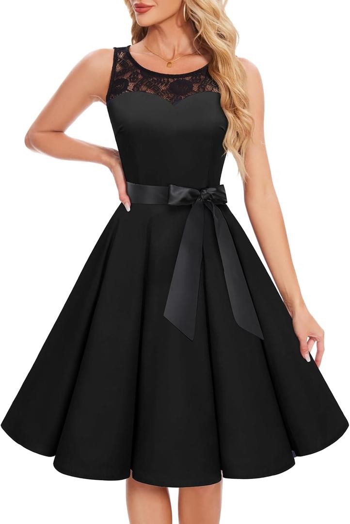 Bbonlinedress Women's 1950s Vintage Rockabilly Swing Dress Lace Cocktail Prom Party Wedding Guest Dress (Black, M)
