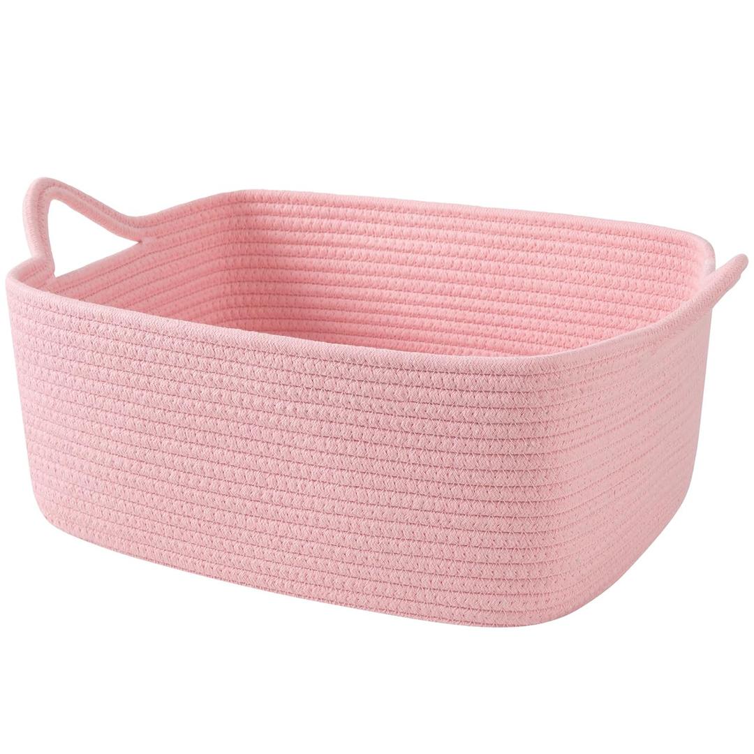 OIAHOMY 19L Woven Basket, Gift Basket Empty with Gift Bags and Ribbons, Rope Baskets for Baby Showers, Storage Baskets with Handles for Nursery, Pet Toy Organizer - Pink (Large: 15.35L*11.42W*6.7H)