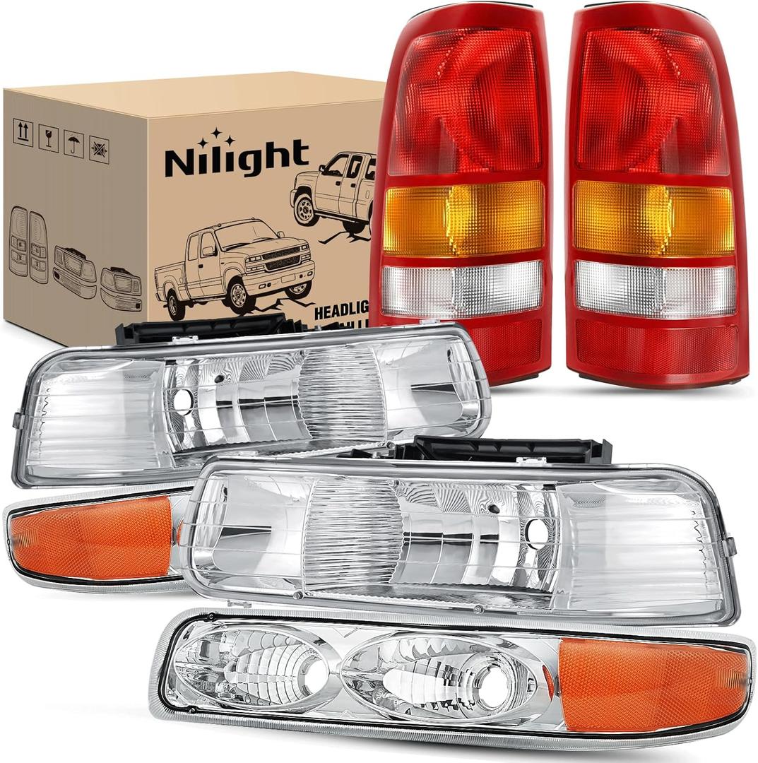 Nilight Headlight and Taillight Assembly Combo Compatible with 1999 2000 2001 2002 Chevy Silverado Fleetside only OE Style Chrome Housing Amber Reflector with Red Housing Tail Lights