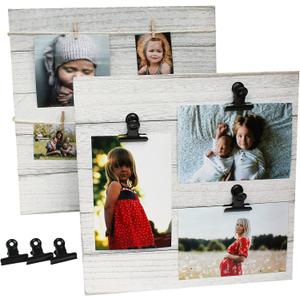 Collage Picture Board Set. DIY Photo Display with Clips. Rustic White Wood Picture Holder (4x6), 1 Pack 