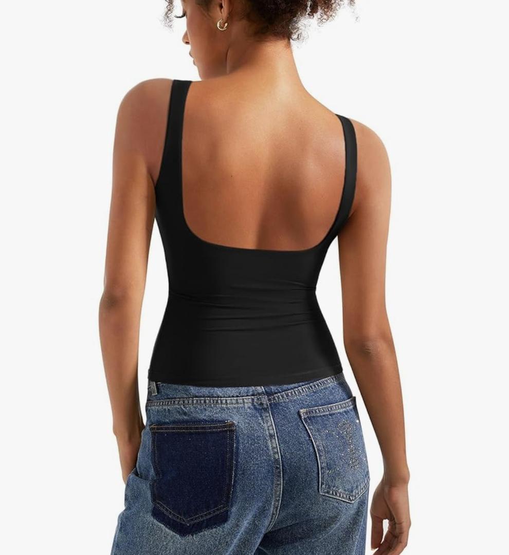 SUUKSESS Women Padded Open Back Boat Neck Tank Tops Double Lined Basic Shirts, S