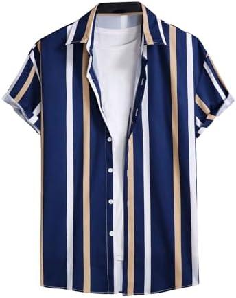 OYOANGLE Men's Color Block Striped Print Short Sleeve Button Up Casual Shirt L