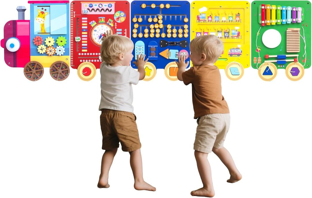 Train Activity Wall Busy Board,Wooden Busy Board Train Activity Wall Panels,Montessori Sensory Wall Toys Panel for Kids, Learning Activity Center for Playroom,3 Years Old and Over