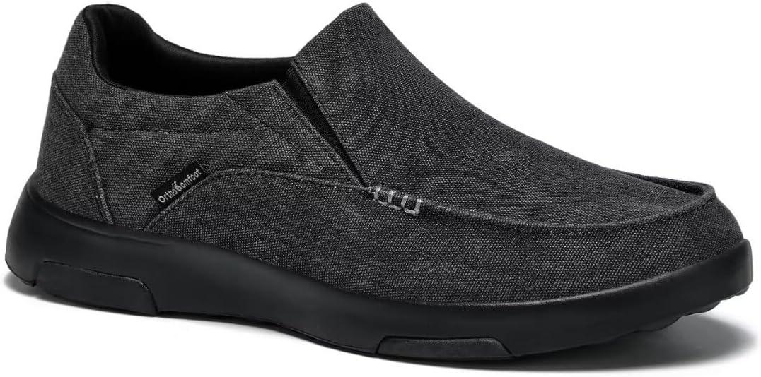 OrthoComfoot Men's Orthopedic Comfortable Slip-On Shoes with Arch Support, Orthotic Loafers for Plantar Fasciitis, Canvas Leisure Vintage Flat Walking Shoes for Foot and Heel Pain Relief (12, W2-black)