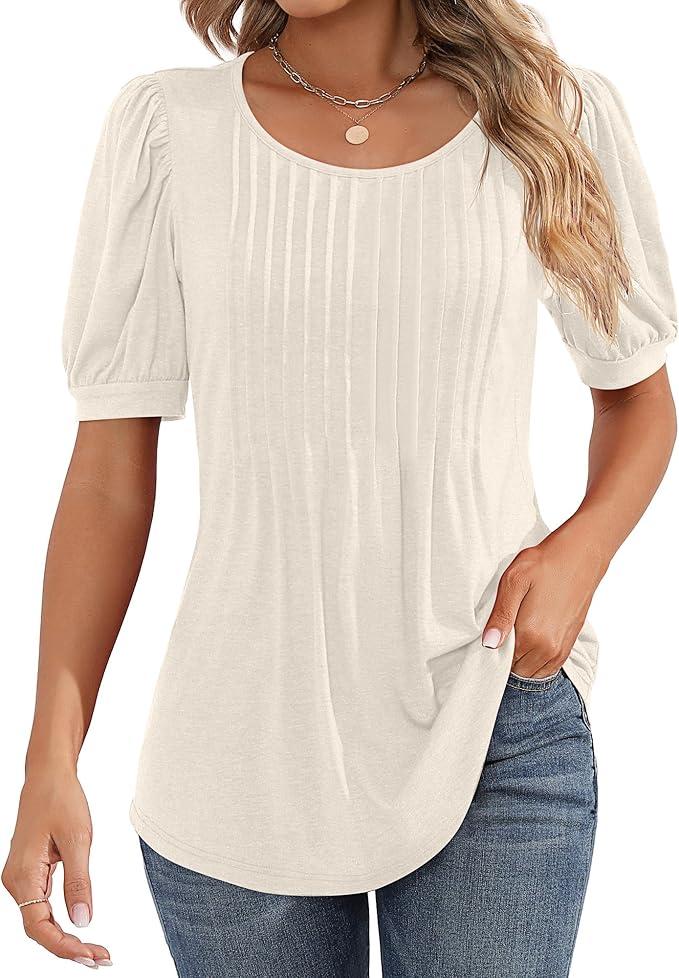 Ficerd Women's Puff Short Sleeve Tunic Tops Pleated Crew Neck Summer Blouses Dressy Casual Loose T Shirts, Size L, 2 Pack