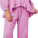 Flygo Womens Plaid Pajamas Sets 2 Piece Cotton Pj Set Puff Sleeve Ruffle Babydoll Shirt Gingham Pants Lounge Sets (Pink, XS)