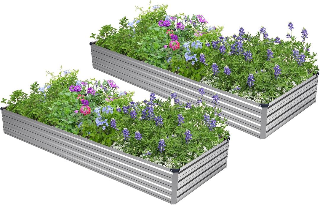 2PCS 7x3x1ft Galvanized Raised Garden Bed,Outdoor Planter Box Metal Patio Kit Planting Bed for Vegetables Flowers Herb,Silver