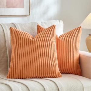 Fancy Homi Set of 2 Orange Fall Decorative Throw Pillow Covers 18x18 Inch for Couch Bed Sofa, Autumn Halloween Thanksgiving Decor, Soft Plush Thick Striped Corduroy Cute Aesthetic Home Decor 45x45cm