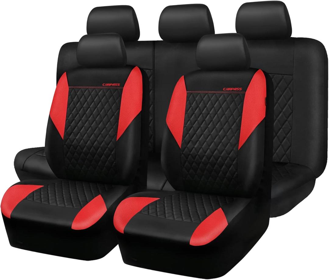 CAR PASS Red Leather Seat Covers Full Set-Universal Quilting Pretty Girly Car Seat Cover with 5mm Composite Sponge Inside,Airbag Compatible, Waterproof Delux Fit for Most Sedan,SUV,Cars (Full Set,Red) (Black and Red)
