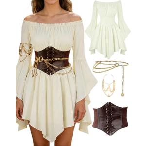 Renaissance Costume Women Pirate outfit Ren Faire Dress Off Shoulder Bell Sleeve Arm chain Waist Belt waist chain, Size Small
