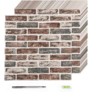 Faux Brick Tile 3D Strip Wall Paneling, 100 Sq.Ft Self-Adhesive Artificial Stone Backsplash Waterproof Foam Panels for Bedrooms, Bathrooms, Kitchens, 20 PCS, Light Curry (Grey&Brown)