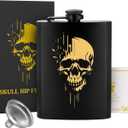 1pcs 8oz Stainless Steel Hip Flask, Pocket Flask, with Funnel and Greeting Card Gift Box, Golden Skull Pattern Personalised Flask Alcohol, Perfect for Camping, Hiking, and Outdoor Activities, Gold