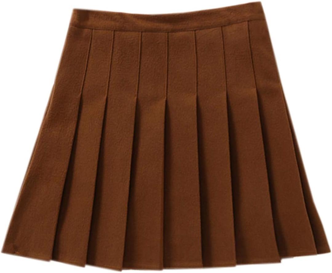 SANGTREE Girls' High Waist Woolen Flared Pleated Skater Mini Skirt (6-7 Years Little Kid, Caramel)