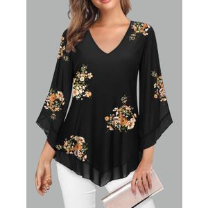 Womens Dressy Blouse V Neck Double Layers Elastic Mesh Casual Flowy Work Shirts Ruffle 3/4 Flared Sleeve Tunic Tops Large