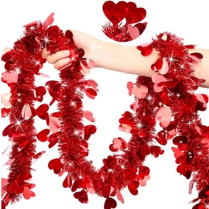 Valentine's Day Heart Tinsel Garland - Red, Pink, and White Metallic Hanging Decorations for Home, Indoor, Outdoor, Wedding, Red