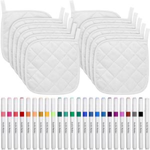 Newtay 36 Pcs Mother's Day Pot Holders Craft Project Set Including 12 White Pot Holders and Oven Mitts with 24 Makers for Kitchen Heat Resistant Cooking and Baking DIY Activities