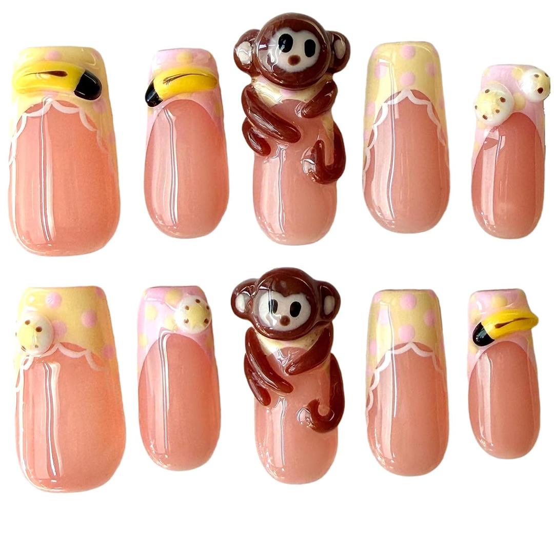 Handmade Press On Nails Cute Monkey 3D Cartoon Banana Lace Trim Medium/Short Square Acrylic False Nails Kawaii Polka Dot (M)