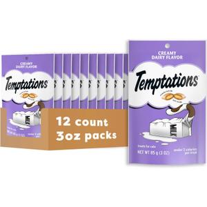 Temptations Classic Crunchy and Soft Cat Treats, Creamy Dairy Flavor, 3 oz. Pouch (Pack of 12), Best By: 08/2026