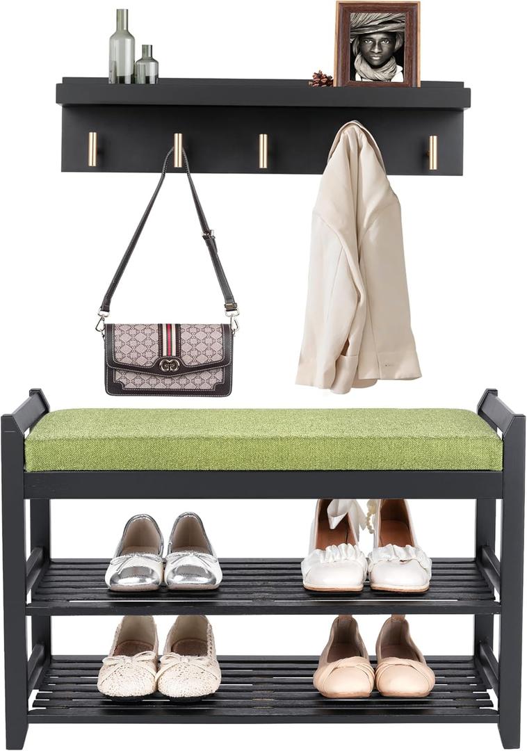 Shoe Rack for Front Door Entrance, 28 Entryway Bench with Coat Rack, Hall Tree Shoe Bench with Storage for Entry, Hallway, Bedroom, Living Room (Black)