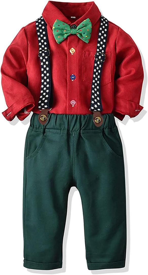 SALNIER Toddler Boy Suit Baby Boys Wedding Dress Outfit Formal Gentleman Clothes Set Dress Shirt Bowtie Suspenders Pants (3T, Red)