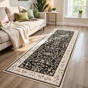Softlife Washable Area Rug for Kitchen, Black Pink Non-Slip Rugs for Entryway Hallways, Small Vintage Throw 2.5x8 Runners for Entry, Oriental Modern Print Indoor Mat Rubber Backing