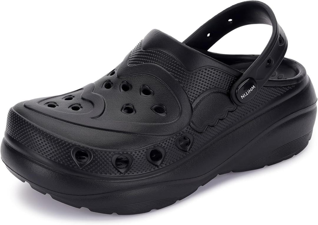 WHITIN Womens Clogs and Mules Wedge Slip On House Home Garden Shoes Indoor Thick Sole Beach Washable Quick Dry Nurse Sandals Slides Zuecos para Mujer Size 8 Black 39