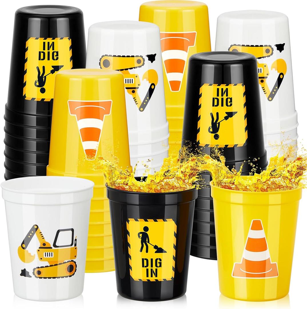 Domensi 48 Pcs Construction Party Favors 16oz Construction Cups Thick Plastic Excavator Cups Dig in Disposable Hot Cold Drink for Themed Birthday Party Picnics Barbecues