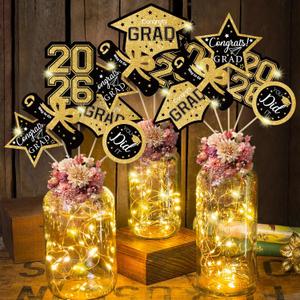 3 x OuMuaMua Graduation Decorations 2026-30pcs Black and Gold Graduation Table Decorations Table Centerpieces Sticks with Lights for College High School Congrats Grad Party Supplies