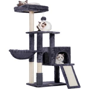 Heybly Cat Tree with Cat Self Groomer Brush, Cat Tower Condo for Indoor Cats with Padded Plush Perch,Cat House with Basket Scratching Board Post, Smoky Gray, HCT005SW (42.5 inch)
