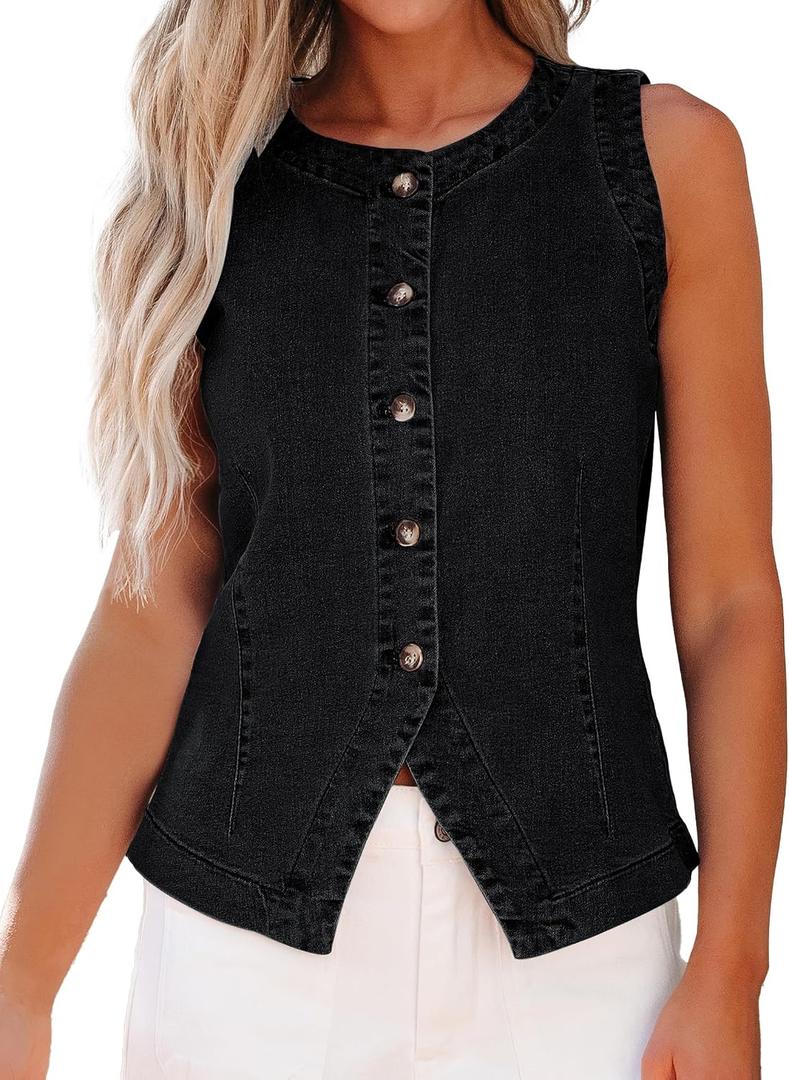 luvamia Denim Vest for Women Sleeveless Strechy Jean Vest Top Button Down Crewneck Casual Summer Western Waistcoat (Blue, S)