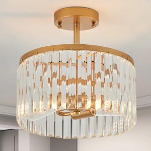 12" Gold Semi Flush Mount Crystal Ceiling Light Fixtures for Kitchen Modern Industrial 2-Light Small Chandeliers Lighting for Bedroom Entryway Hallway Living Dining Room Foyer