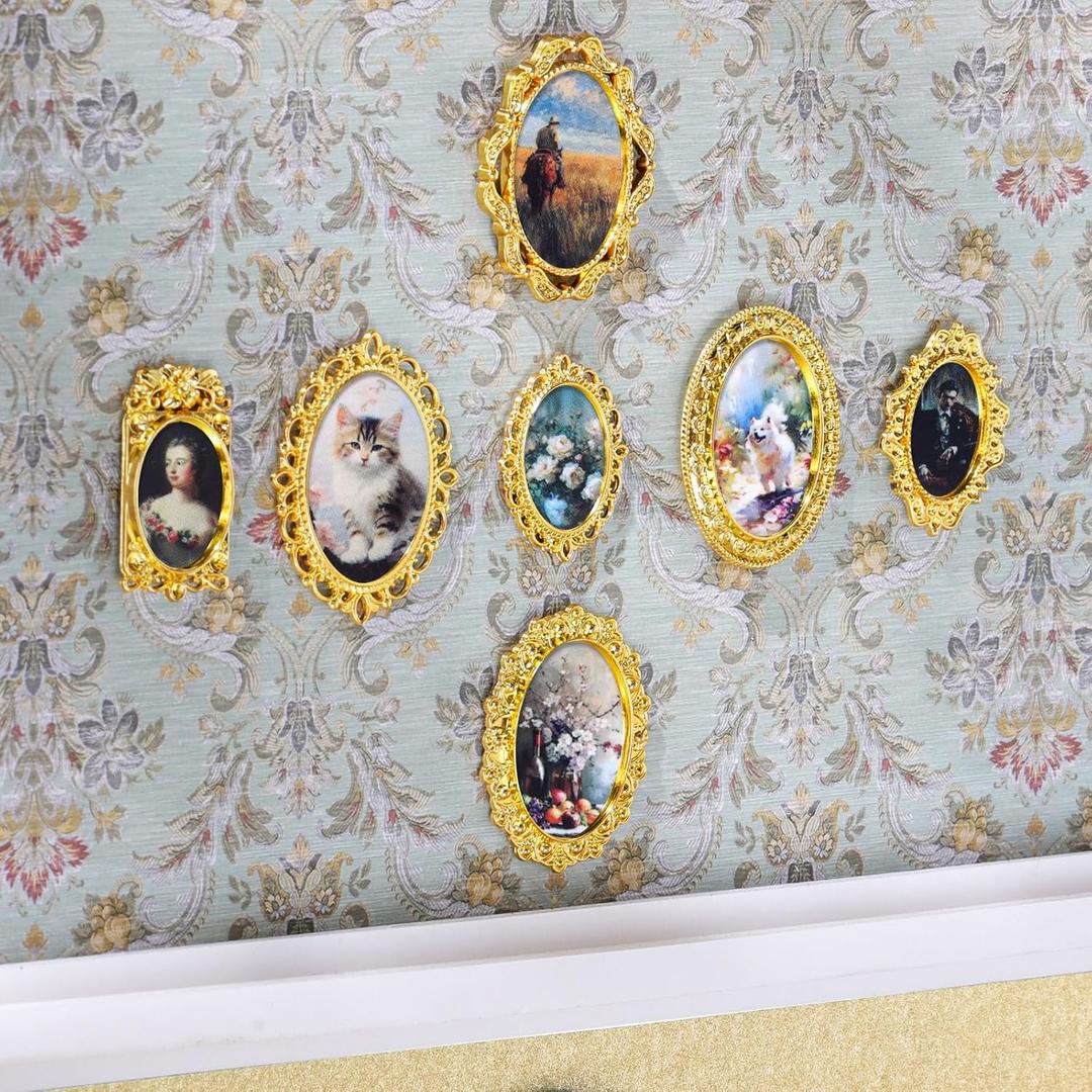 7 Pcs Miniature Dollhouse Accessories Picture Frames 1: 12 Scale Dollhouse Furniture Small Wood Photo Frames Mini House Decoration for Printed Paintings House DIY Art Craft (Gold)
