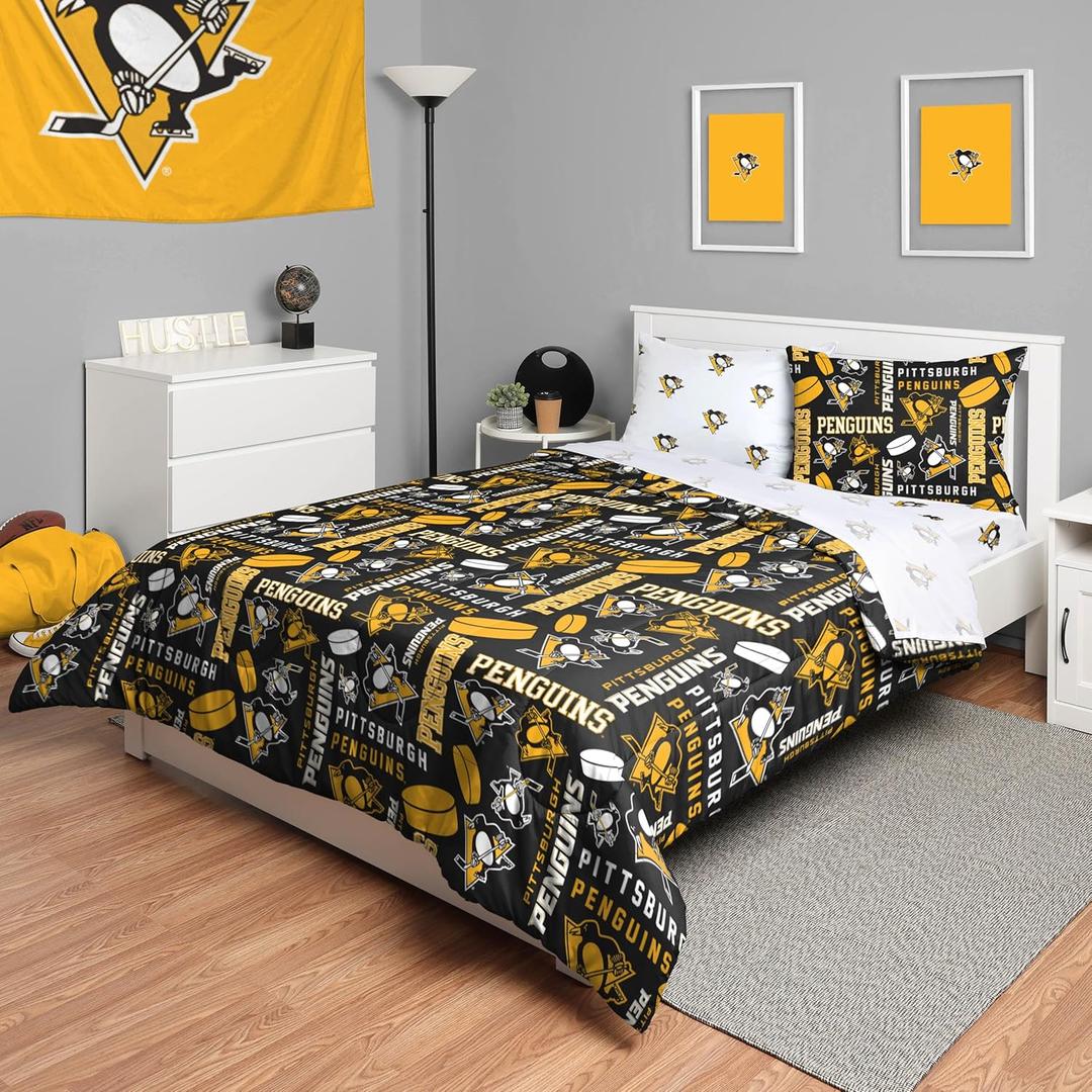 FOCO Pittsburgh Penguins NHL Team Color Bed in a Bag Comforter Bedding 5 Piece Set - Full