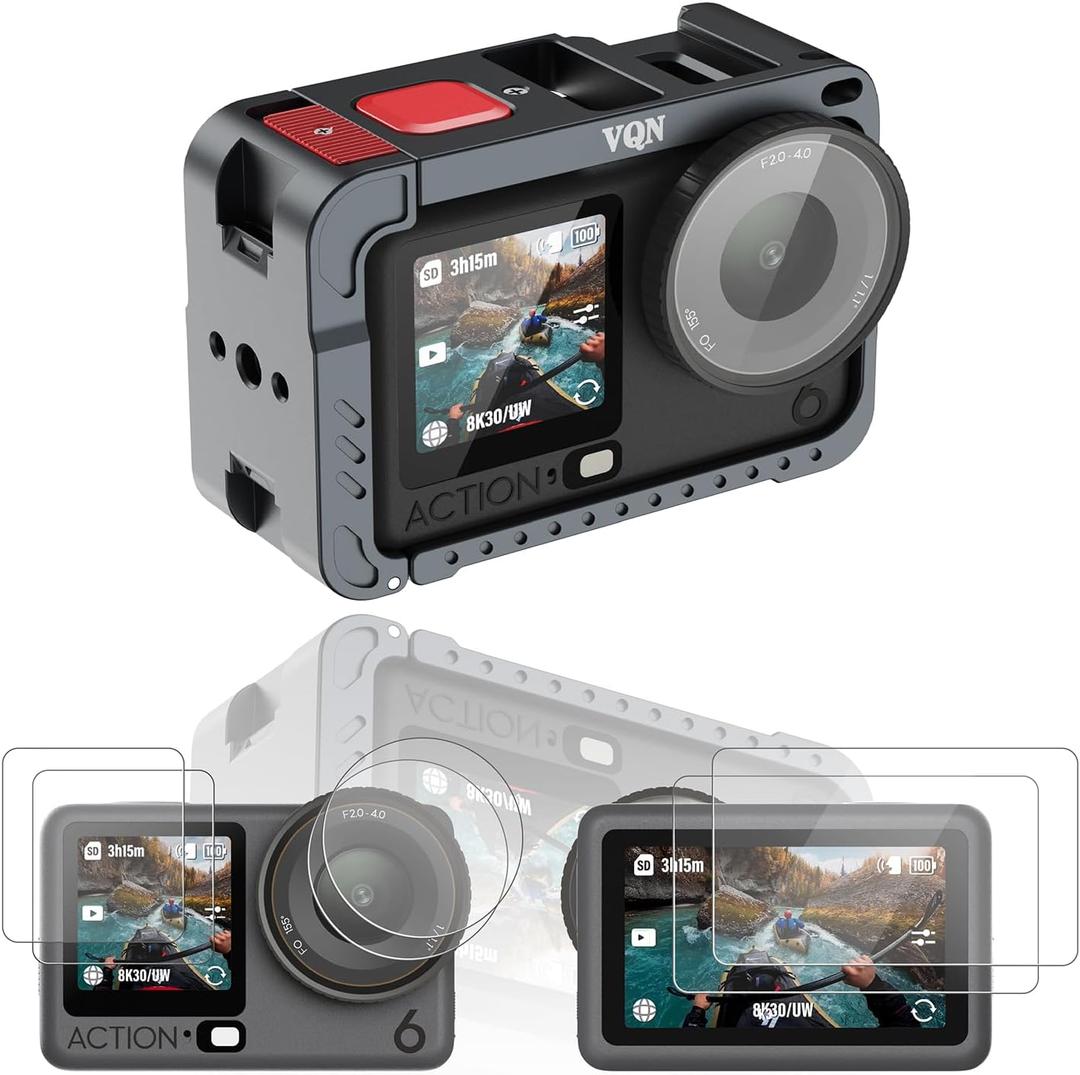 Camera Cage for DJI Osmo Action 6, Aluminum Alloy Protective Frame with Cold Shoe and 1/4" Screw, Magnetic Quick Release, 2 Sets Tempered Glass Screen Protector, Action 6 Accessories