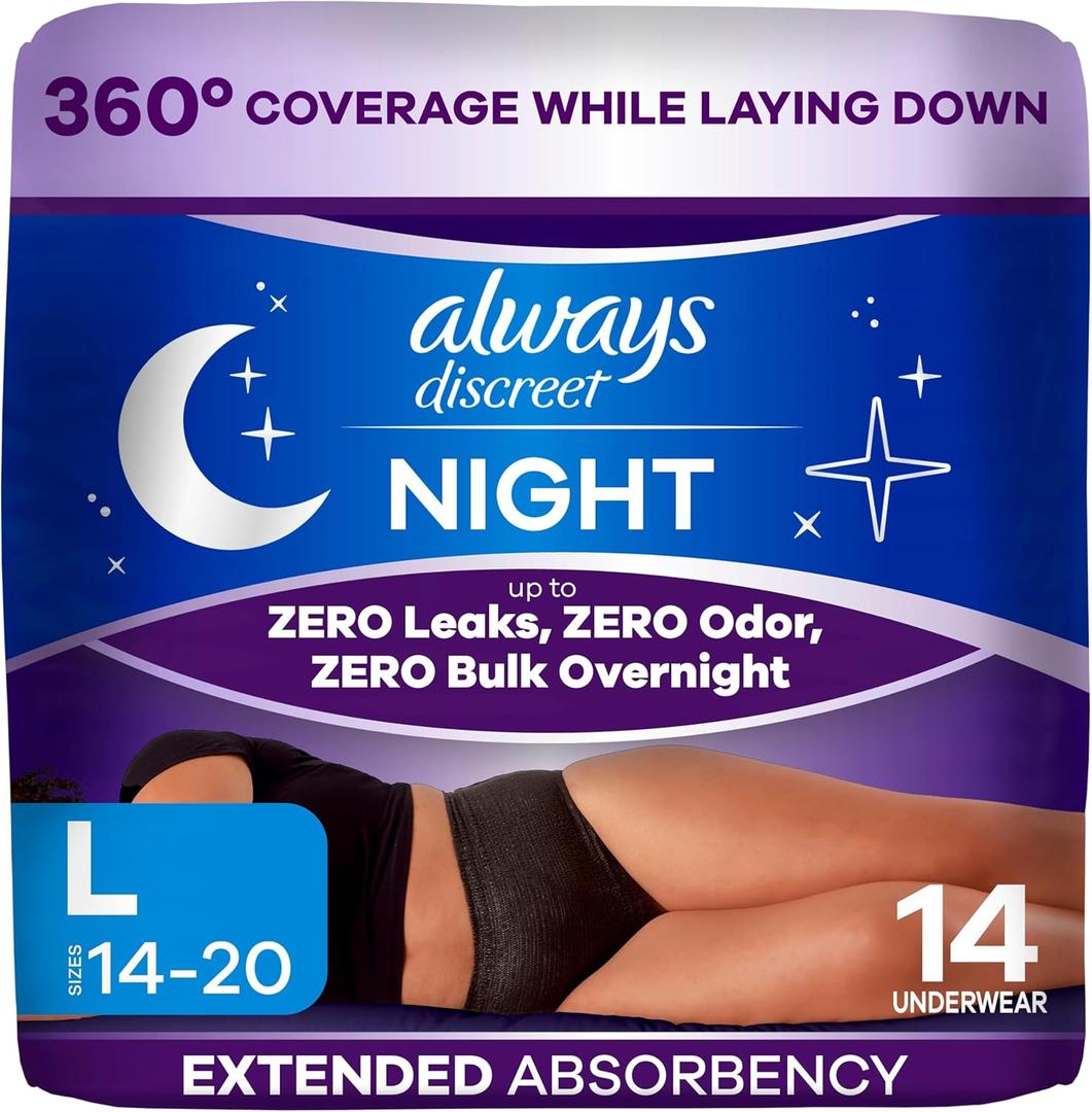 Always Discreet Night, Reimagined Adult Diapers for Women, Extended Overnight Absorbency Incontinence and Postpartum Underwear Size L, 360 Degree Coverage While Laying Down, 14 Count