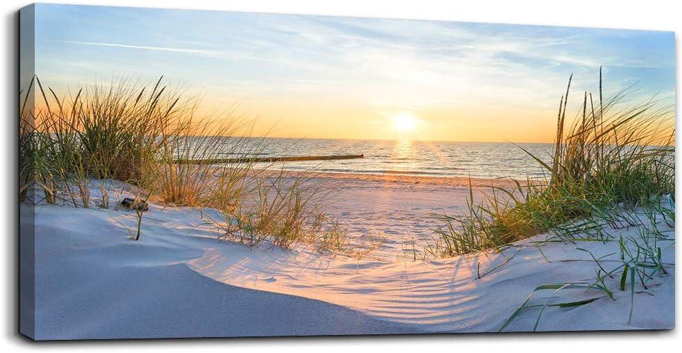 Canvas Wall Art For Living Room Super Large Size Wall Decor For Office Canvas Art Framed Pictures Artwork Blue Sun Beach Grass Ocean Landscape Paintings Bedroom Decor Seascape Draw Home Decorations (60L" x 30W")