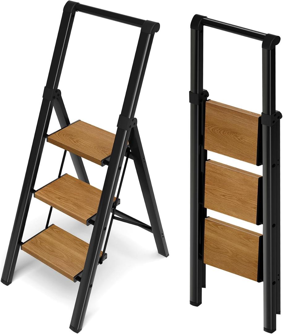 3 Step Ladder,Folding Step Stool with Aluminum Wide Pedal& Convenient Handgrip,330lbs Capacity Steel Ladder for Household and Office(Black &Woodgrain)